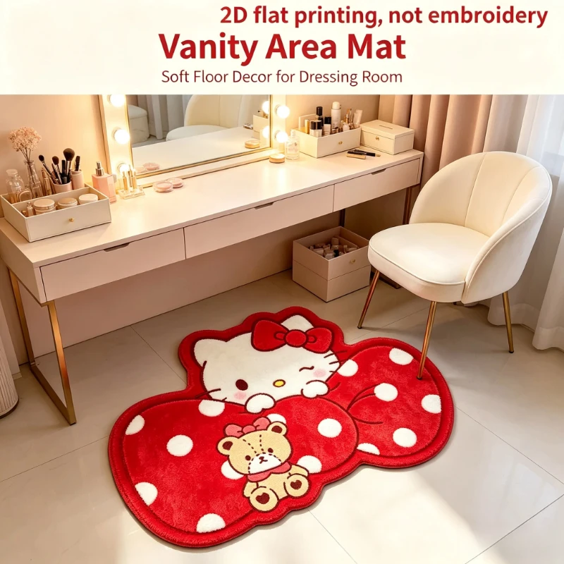 Cute Hello Kitty Teddy Bear Red Bow Irregular Doormat Polka Dot Print Soft Non‑Slip Household Rug Bohemian Style
