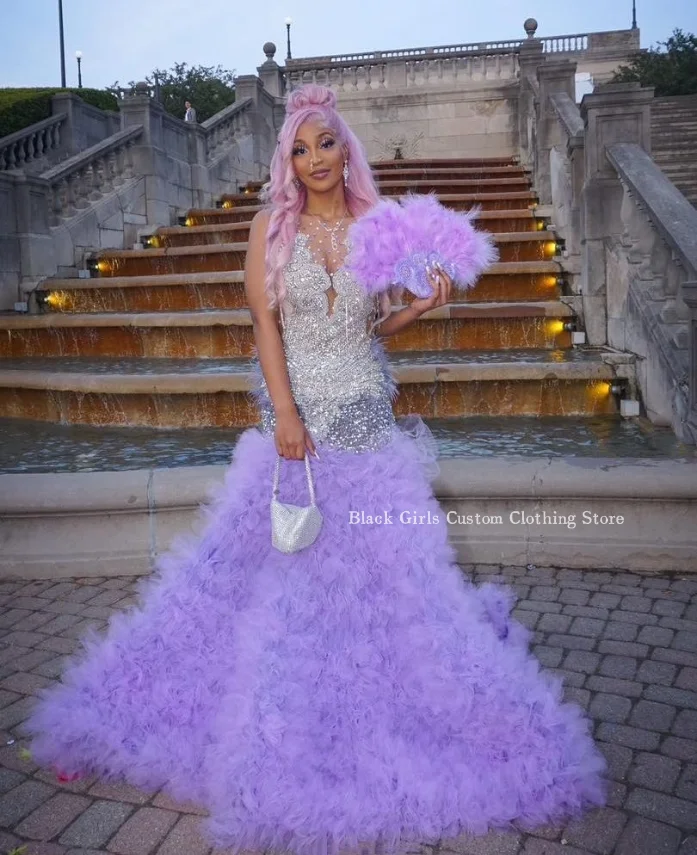 Lilac Purple Lace Mermaid Prom Party Dress 2024 Elegant Feather Diamond Applique Black Girls Celebrity Dresses robe de soirée