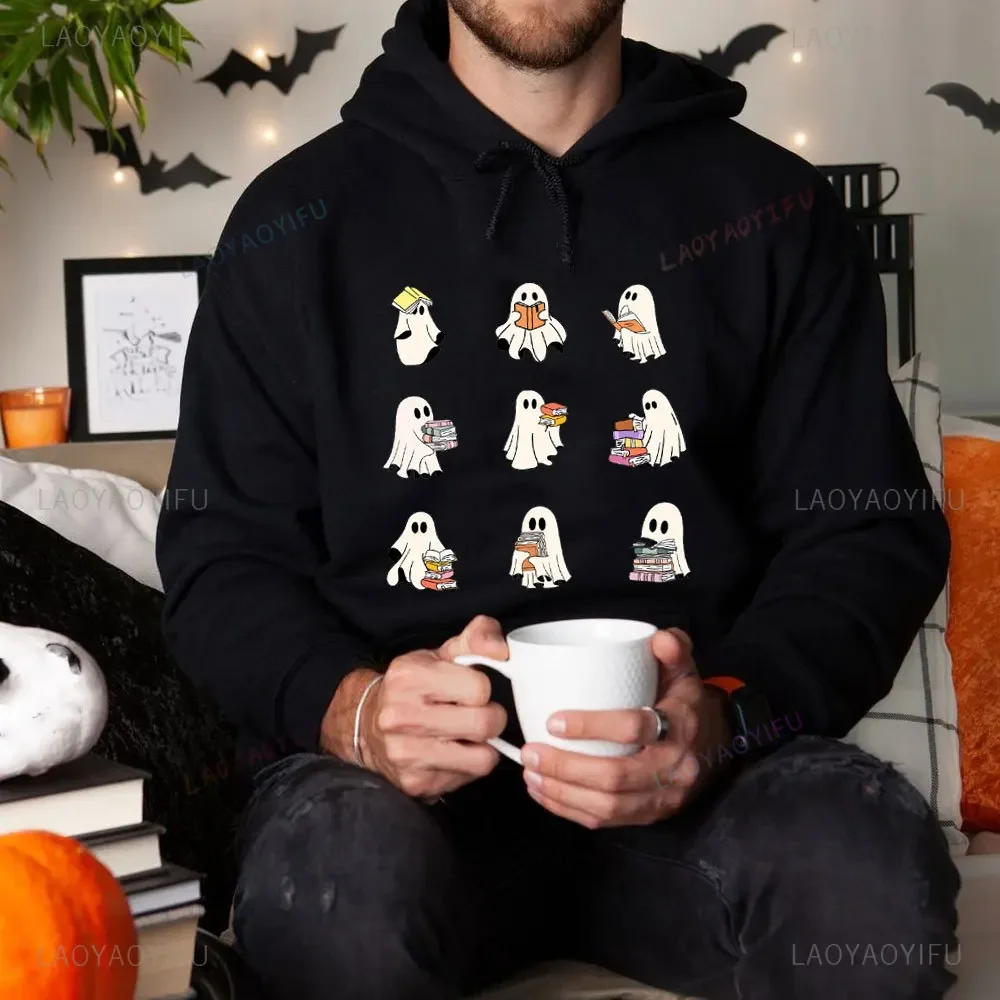 Kawaii Ghost Hoodie Halloween Pullover Halloween Women Hoodies Spooky Season Man Warm Trick or Treat Autumn Winter Sweatshirts