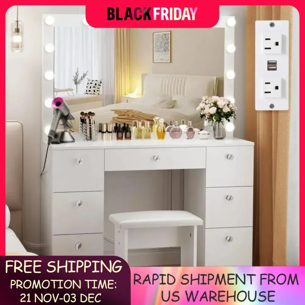 

Vanity with Lighted Mirror - Makeup Vanity Desk with Power Outlet and 7 Drawers, 3 Color Lighting Modes Adjustable Brightness