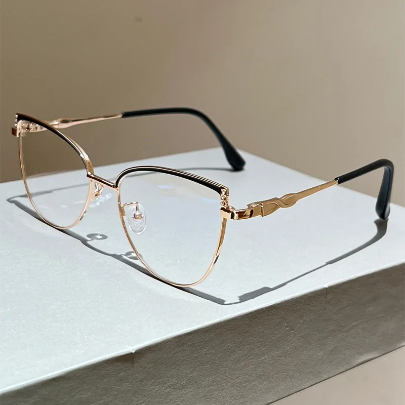 New Anti Blue Light Optical Cat Eye Glasses Women Designer Myopia Customize Prescription Reading Eye Glasses Diamond Metal Frame