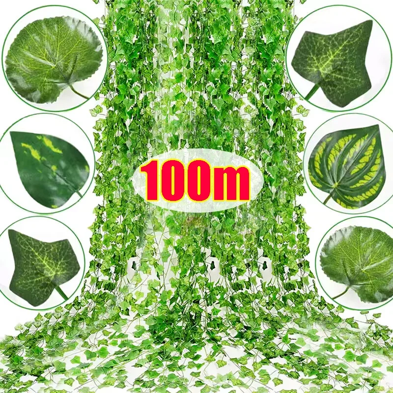 100/2M Artificial Green Ivy Vine Garland Fake Leaf Plants Rattan Hanging Creeper Garlands for Garden Wedding Party Wall Decors