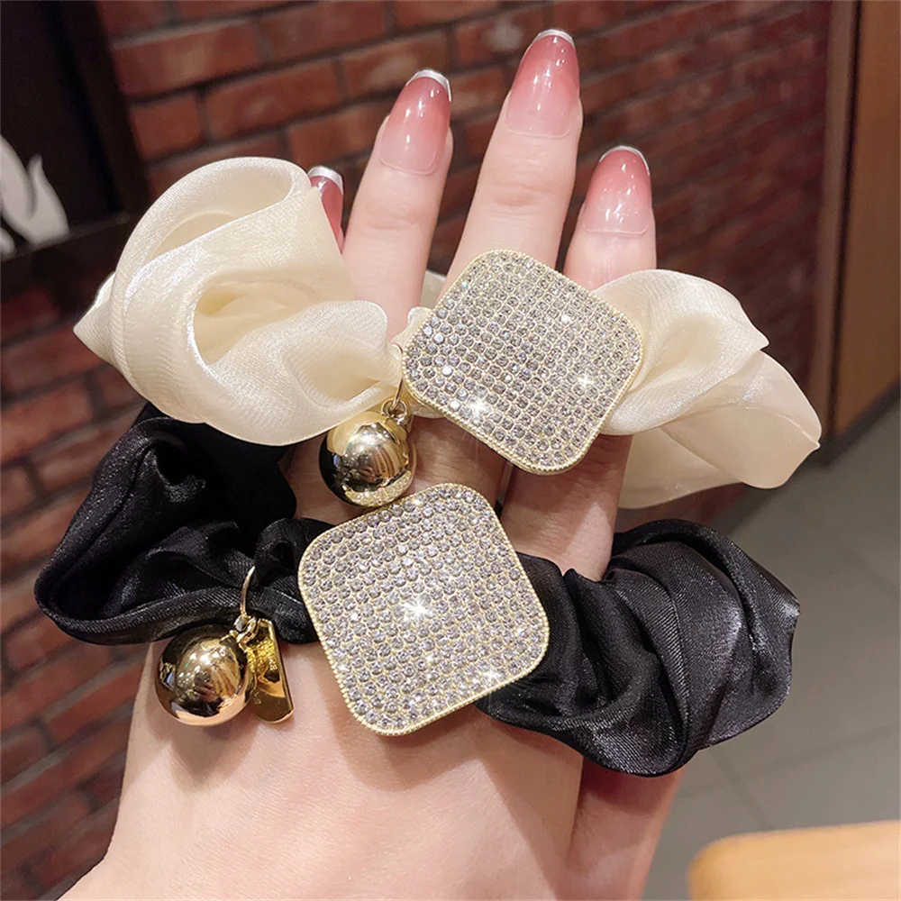 Bingbling Rhinestone Head Ropes For Women Soft Fabric Large Intestine Headwears Bright Golden Ball Pendant Hair Ties