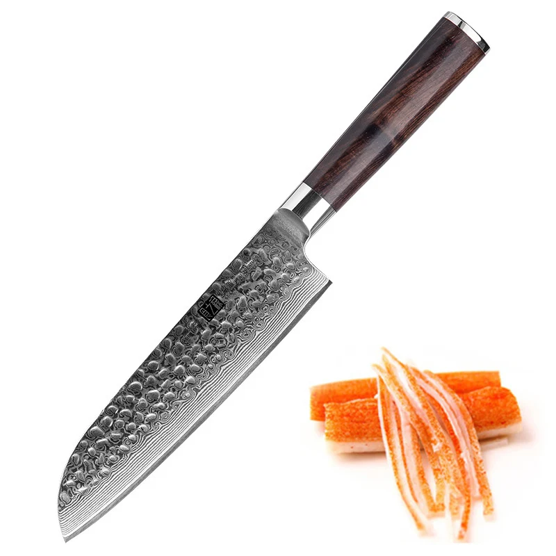 

7-дюймовый нож Santoku, 67 слоев дамасской стали, лезвие 10Cr15CoMov, ручка из черного дерева, нож шеф-повара, нарезка мяса, овощей, кухонные ножи