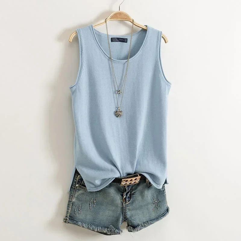 

With Thin Round Neck Knitted Cotton Vest, Girls' Sleeveless Loose Split Bottomed Top in Summer K55