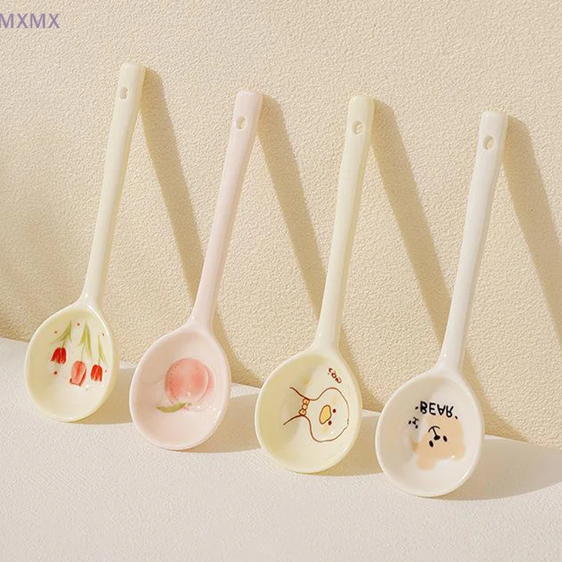 Cute Underglaze Ceramics Spoon Long Handle Stirring Spoon Candy Color Dessert Soup Cutlery Portable,Kitchen Utensils Supplies