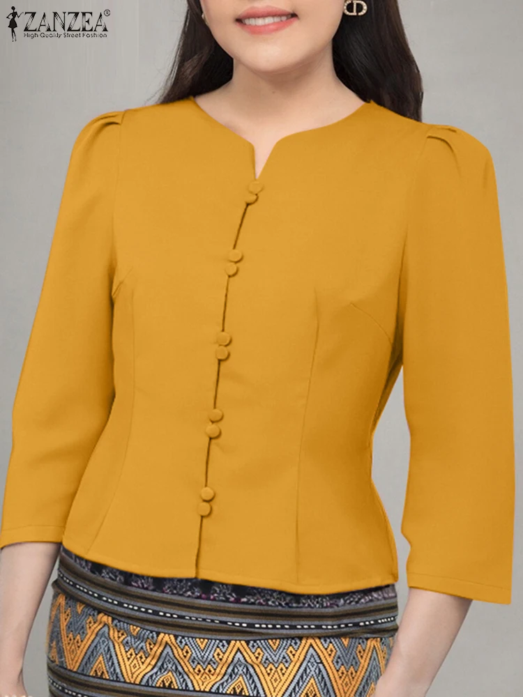 

ZANZEA 3/4 Sleeve Day Wear Chemise Femme Button Up Casual Elegant Woman Shirts V-Neck 2025 Summer Solid Color Commute Short Tops