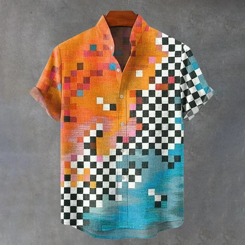New style gradient blue ink light gauze wave blending 3D printed men's lapel short sleeved casual shirt