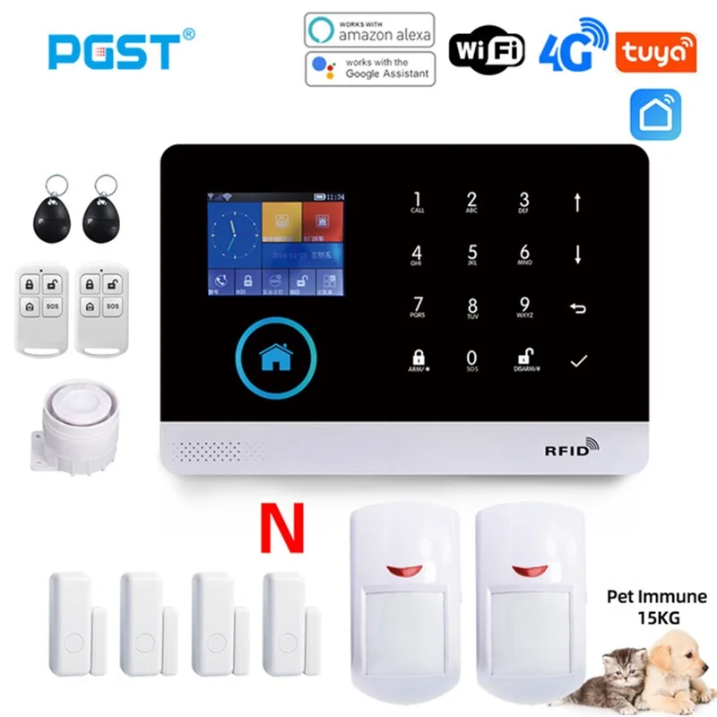 Novo wi fi 4g sistema de alarme inteligente host pg103 tuya vida inteligente app controle pet prova pir sensor sem fio segurança em casa inteligente alexa