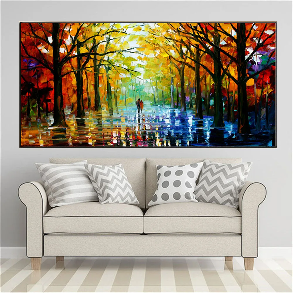 100%Handmade Palette Knife Texture Landscape Oil Painting On Canvas People Walking Together The Tree Shade For Living Room Decor