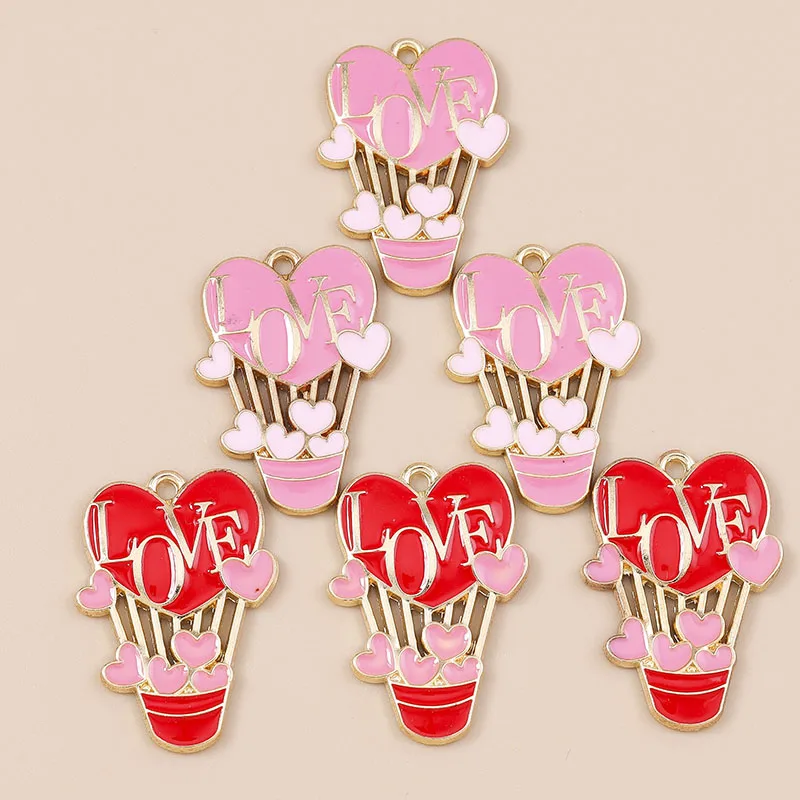 10 Stück neue romantische rote Herz-Heißluftballon-Charms-Anhänger für die Herstellung handgefertigter DIY-Schmuck