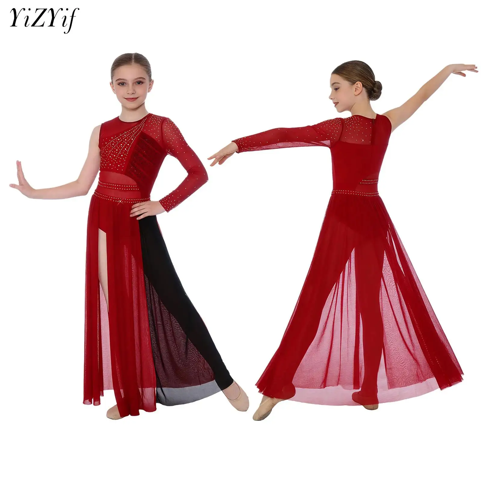 Robe de danse lyrique pour enfants filles, asymétrique épaule dénudée, strass, justaucorps en maille fendue sur le côté pour Ballet, patinage artistique, vêtements de danse modernes