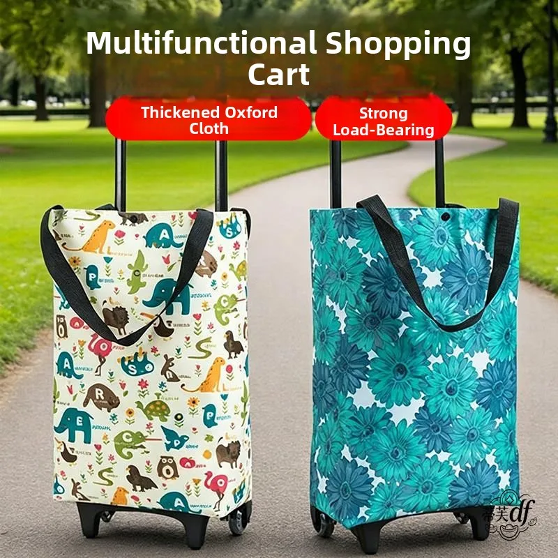 

Portable Hand-Pulled Shopping Cart with Bag Eco-Friendly Double-Wheel Stainless Steel Rod Oxford Cloth Material Foldable Design
