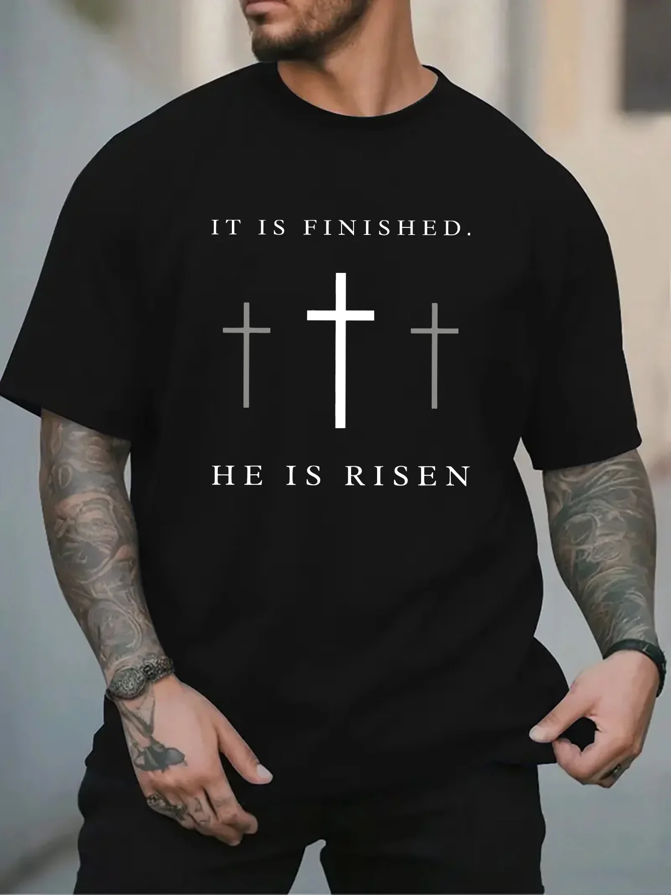 Fashion Mens White Basic Tee Classic Calvary Cross Silhouette It Is Finished He Is Risen Christian Easter Worship Short Shirts