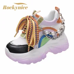 Kobiety Chunky Sneakers wysoka podeszwa oddychające buty z siatką 2022 damskie kliny obuwie dla kobiety skórzane sportowe buty dla taty 8CM