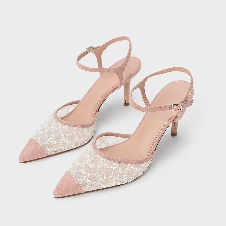 

Nude Vegan Suede Toe Cap Ankle Strap Pumps Heels with Beaded Mesh