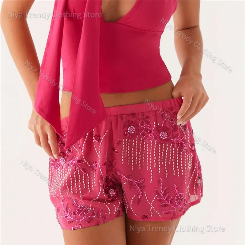 Womens Sequin Sparkle Beaded Mini Shorts Y2k Low Rise Pearl Going Out Bottoms Summer Bling Glitter Rhinestone Pants 2025