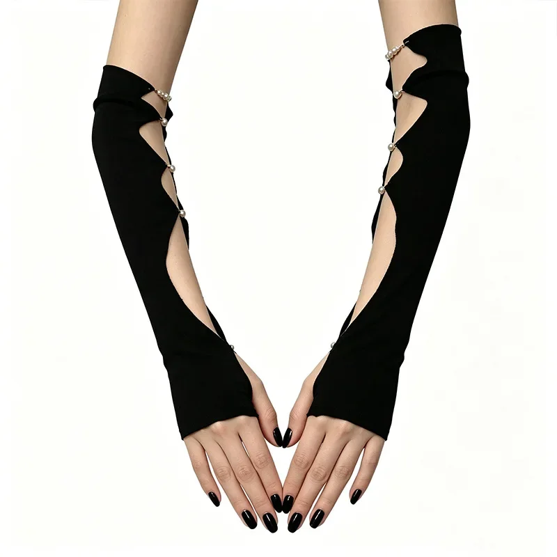 Y2K Gothic Fishnet Fingerless Gloves Pearl Embellished Arm Sleeves Punk Women Accessories