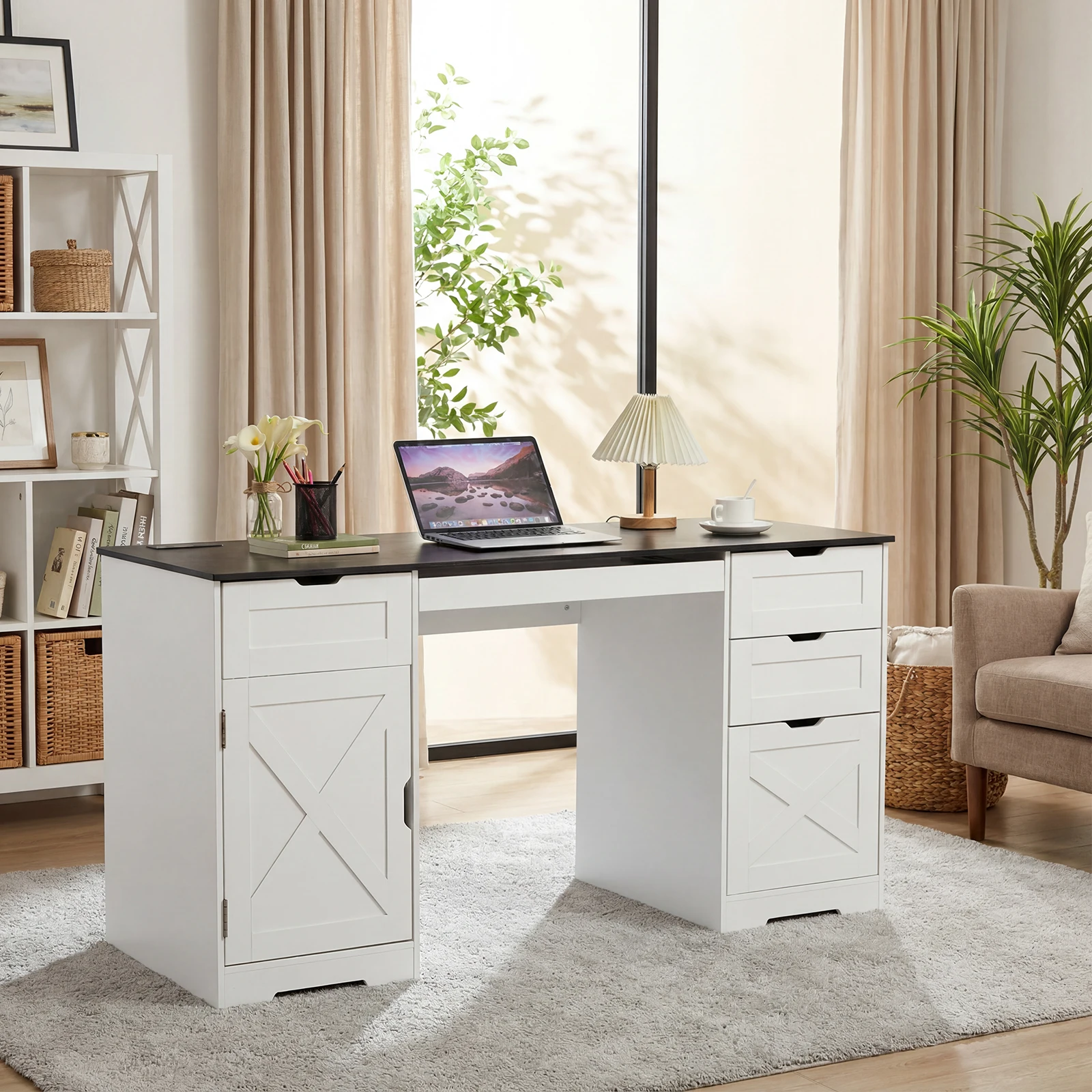 Farmhouse 59 Inch Executive Office Desk with 4 Storage Drawers, Built-in Charging Station, Pull-out Keyboard Tray & Adjustable Shelves, Wooden Computer Desk for Home Office