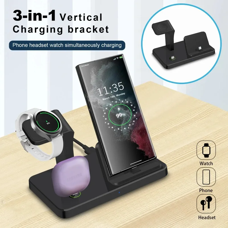 3 in 1 Wireless Charger Stand Charging Dock Station Compatible with Samsung S25 Ultra Watch Earbuds Desktop Phone Holder
