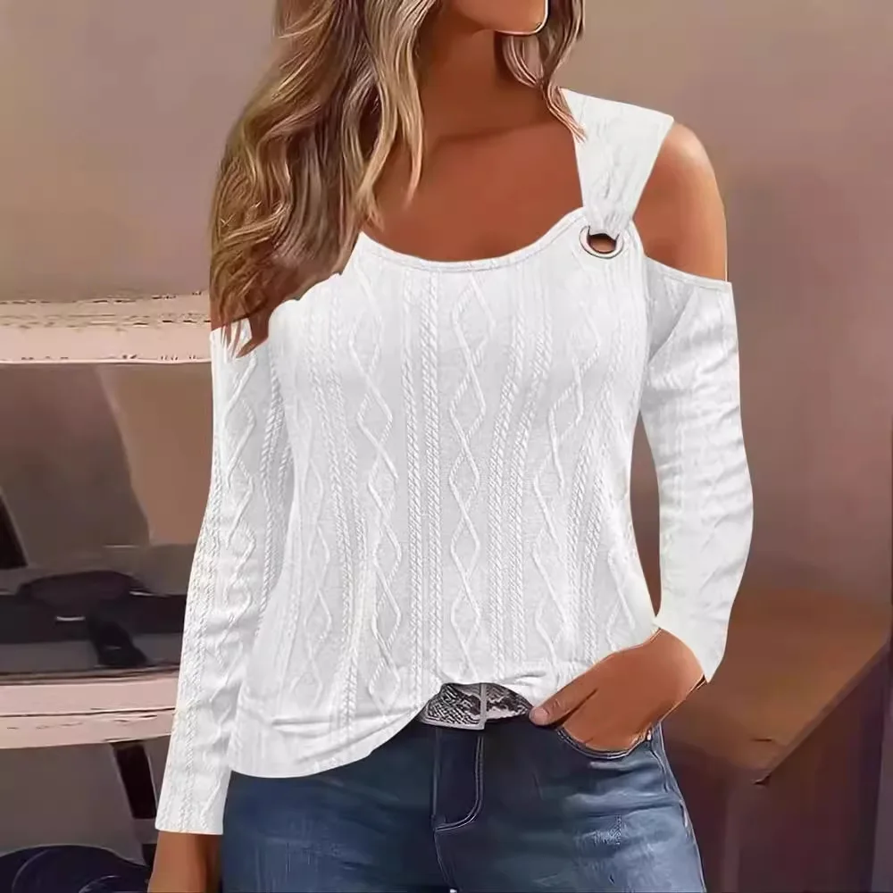 Spring T Shirts For Women Sexy Off Shoulder Long Sleeve Shirt Women Elegant Casual Solid Loose Pullover Black White New Jacquard