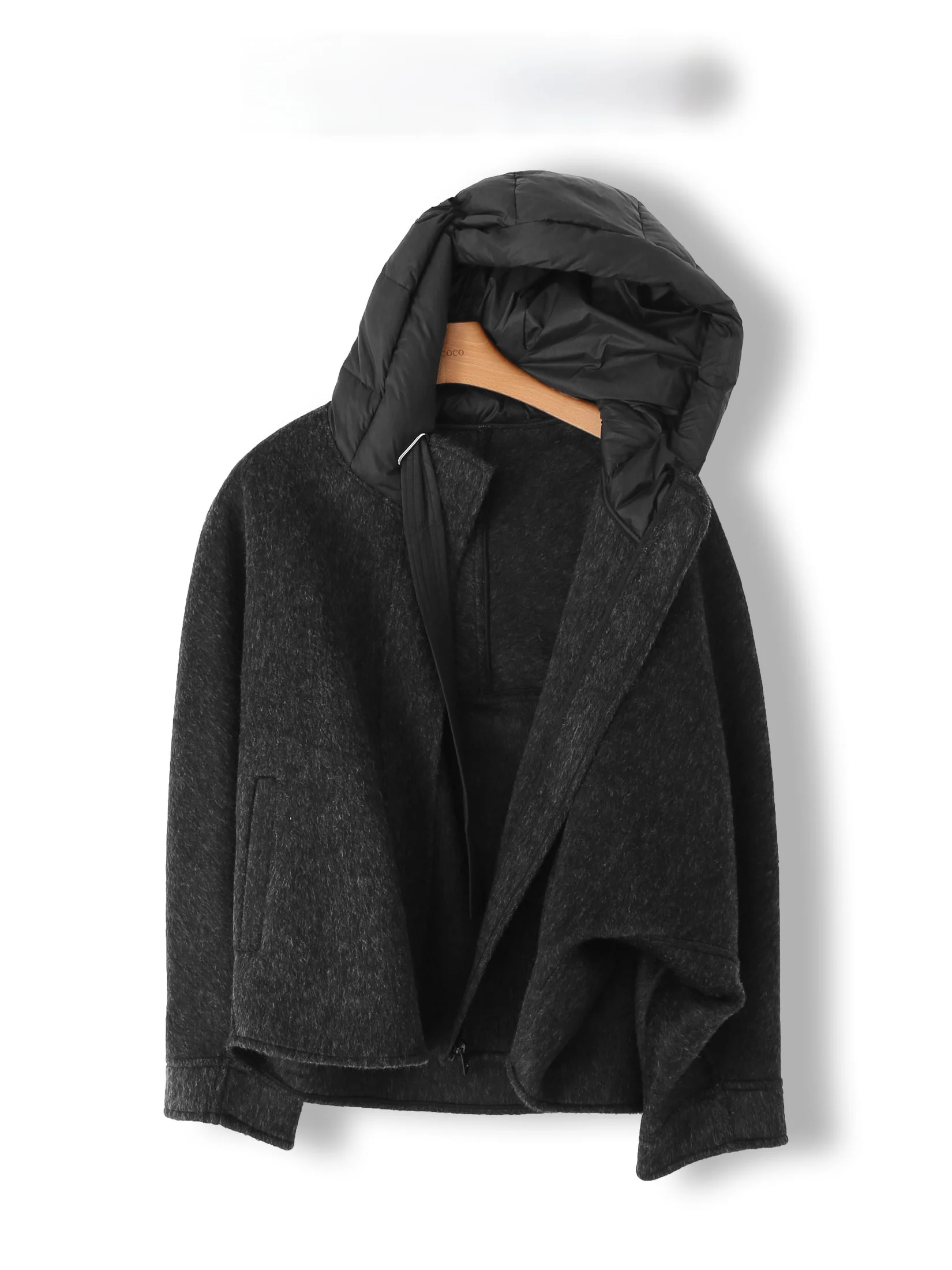 

Loose Black Hooded Patchwork Woolen Coat Autumn Winter Casual Coat Thickened Large Coat Commute Style Single Piece Zipper Clo...