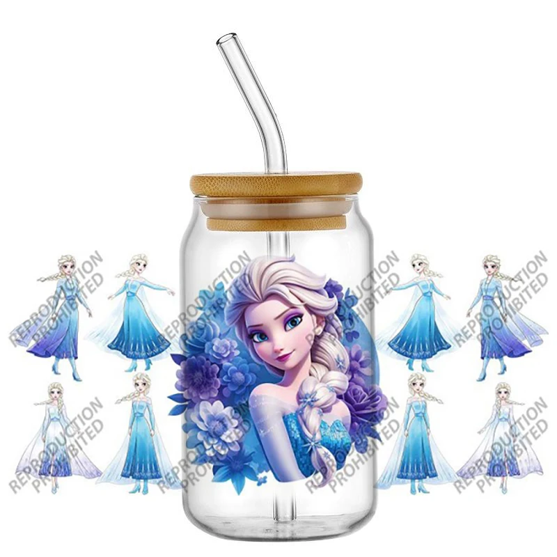 Cartoon Prinzessin Elsa UV DTF Wrap-Aufkleber für Tassen, Becher, Gläser, Bunte Puppenhaus Libbey Cup Transfer-Sticker DIY Deko