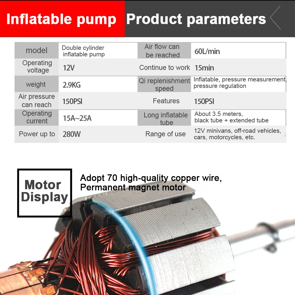 Pompa d'aria per auto a doppio cilindro 12V Display digitale portatile multifunzionale Gonfiatore per pneumatici per auto per pneumatici per veicoli elettrici ad alta potenza