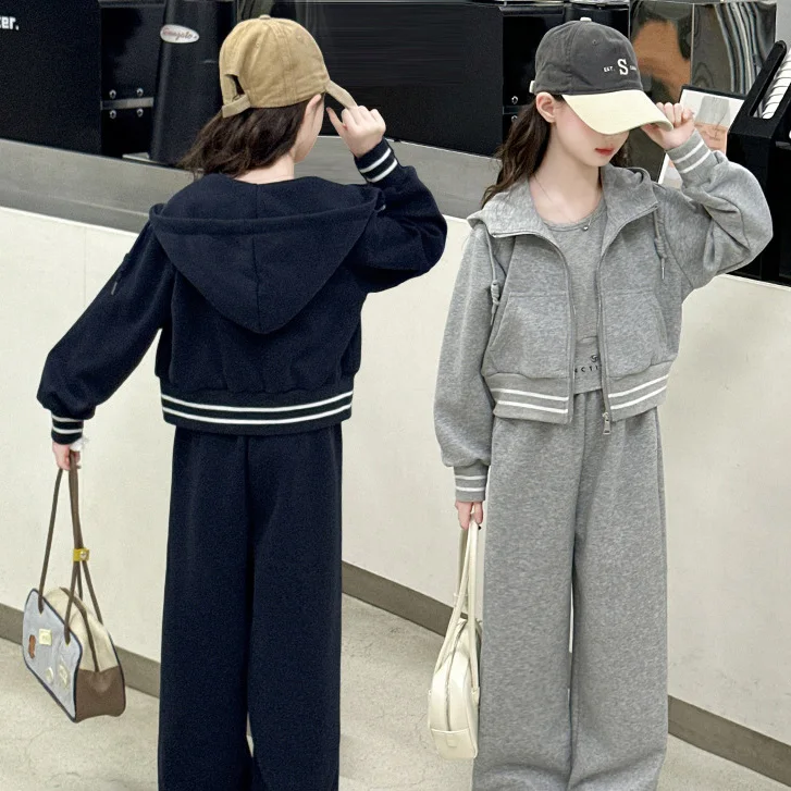 

Детские осенние комплекты для девочек, полосатое пальто с капюшоном + спортивные штаны с эластичной резинкой на талии, комплекты для маленьких девочек, комплекты из двух предметов с длинными рукавами для девочек