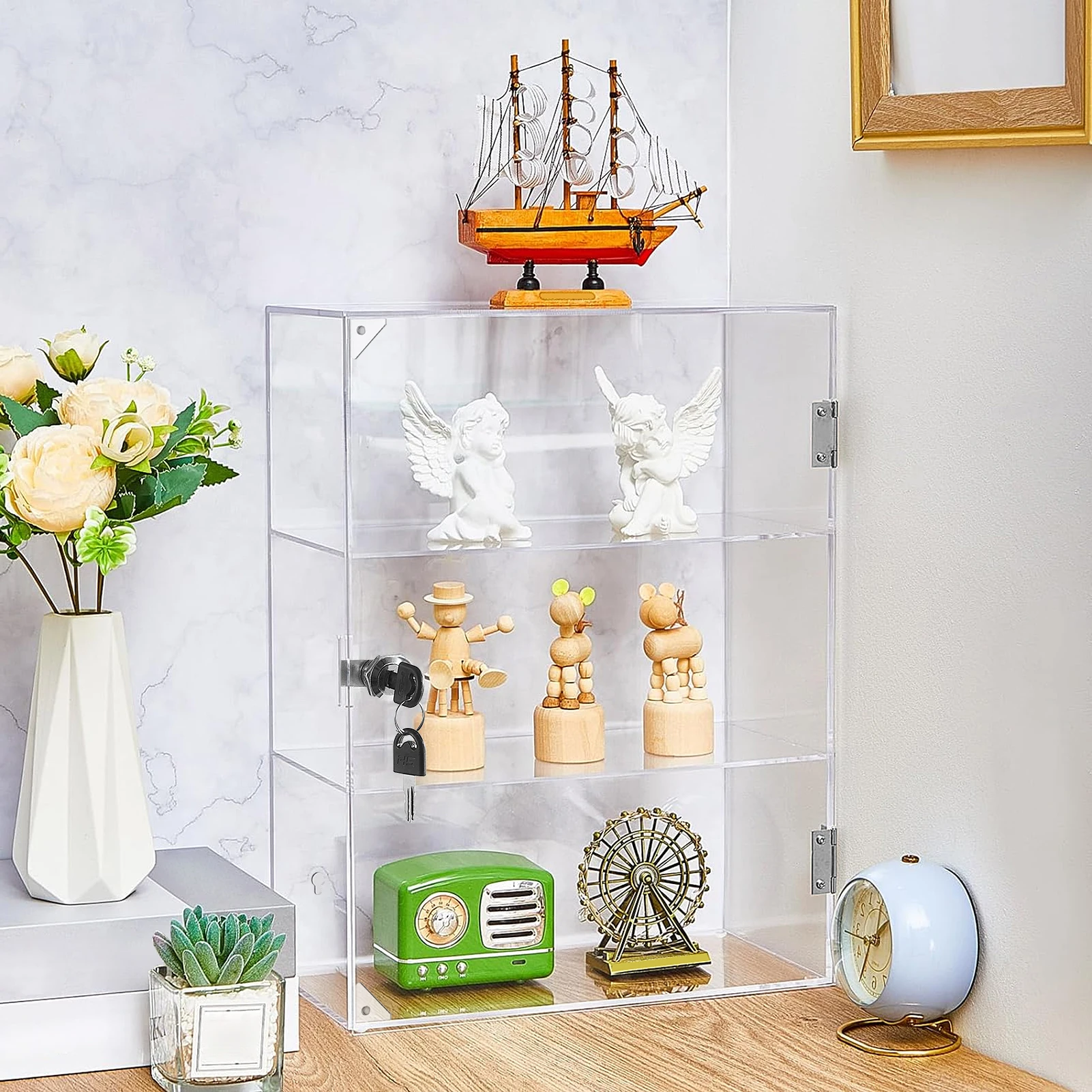 Acrylic Display Case with Shelves 3-Tier Clear Countertop Showcase with Lock Key for Collection Locking Storage Shelf