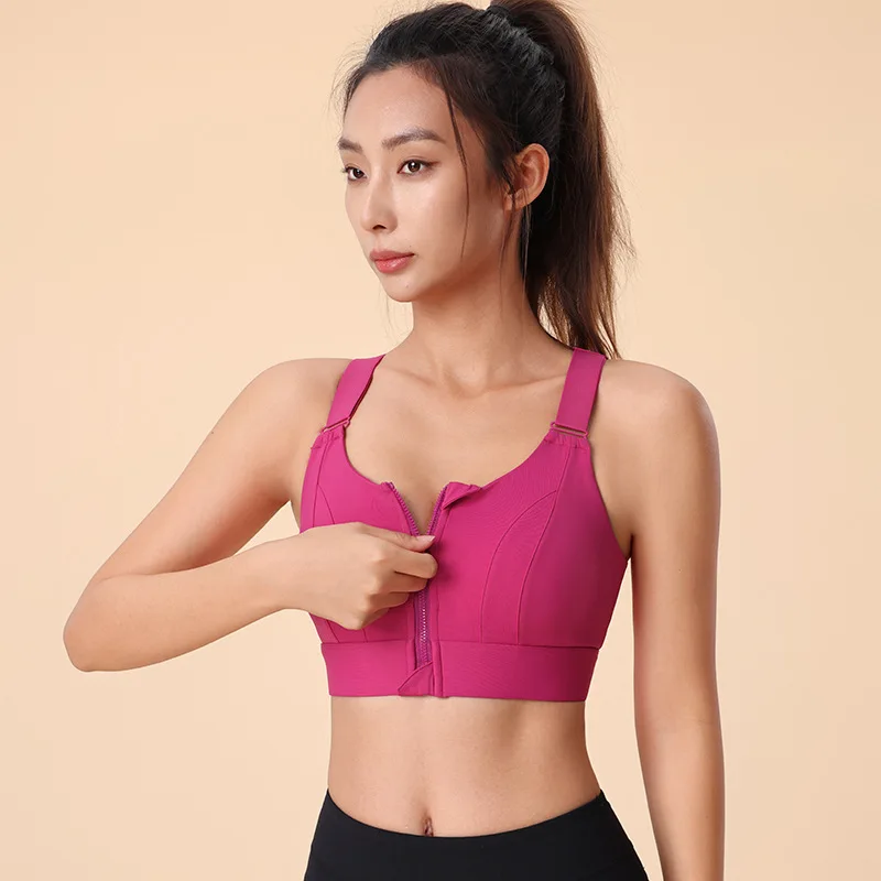 Front-zip high-intensity one-piece sports bra, shockproof fitness back-shaping underwear, plus-size wireless sports bra