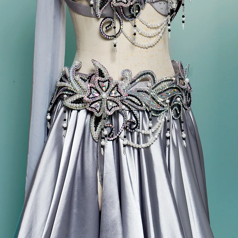 Customized Belly Dance Costume Female Sexy High-end Tassel Heavy Industry Ribbon Large Swing Skirt Set