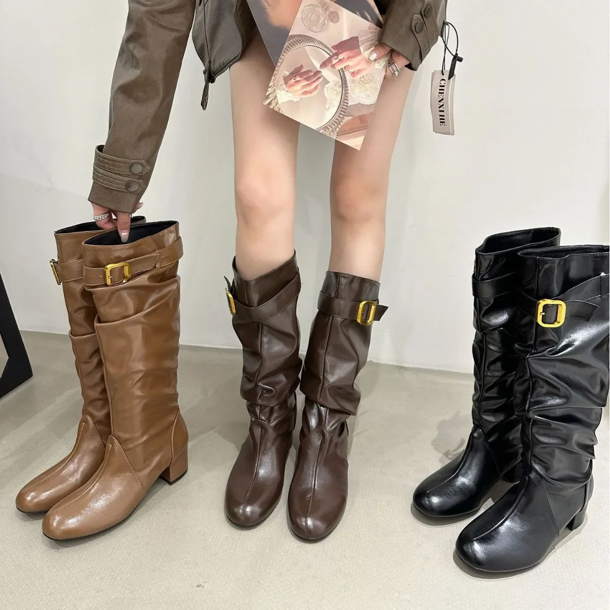 

Woman Black Brown Matte Leather High Block Heels Long Boots Wide Calf Customized Runway Fashion Ladies Knee High Boots Shoes