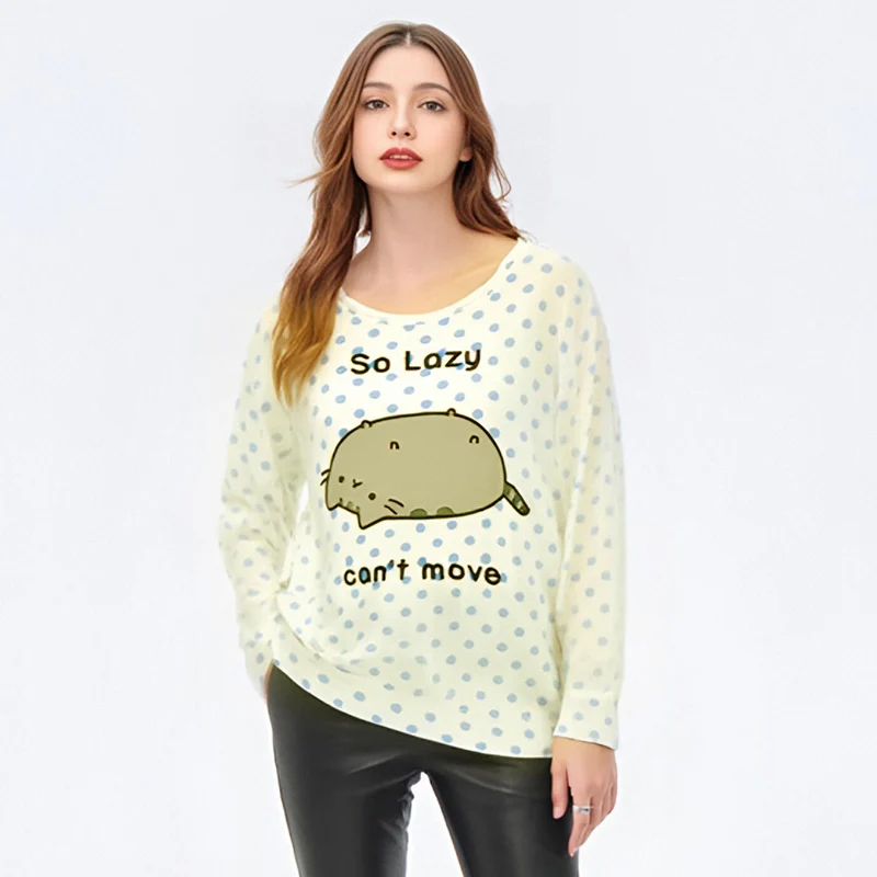 Polka Dot Tees Cute Lazy Cat Print Anime Soft Naive Curtilage Loungewear Casual Long-sleeved Top Matching Student Home T-shirt