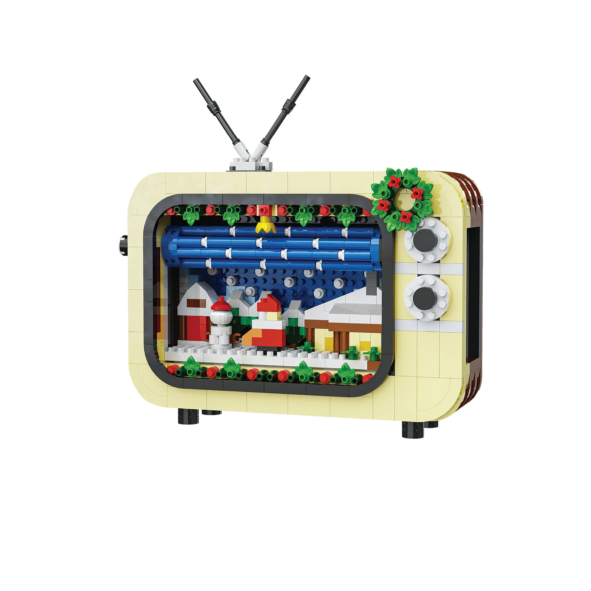 MOC Christmas Television Model Building Blocks Furniture Vintage TV Ornament Santa Clause Wreath Bricks Toys Kids Gift