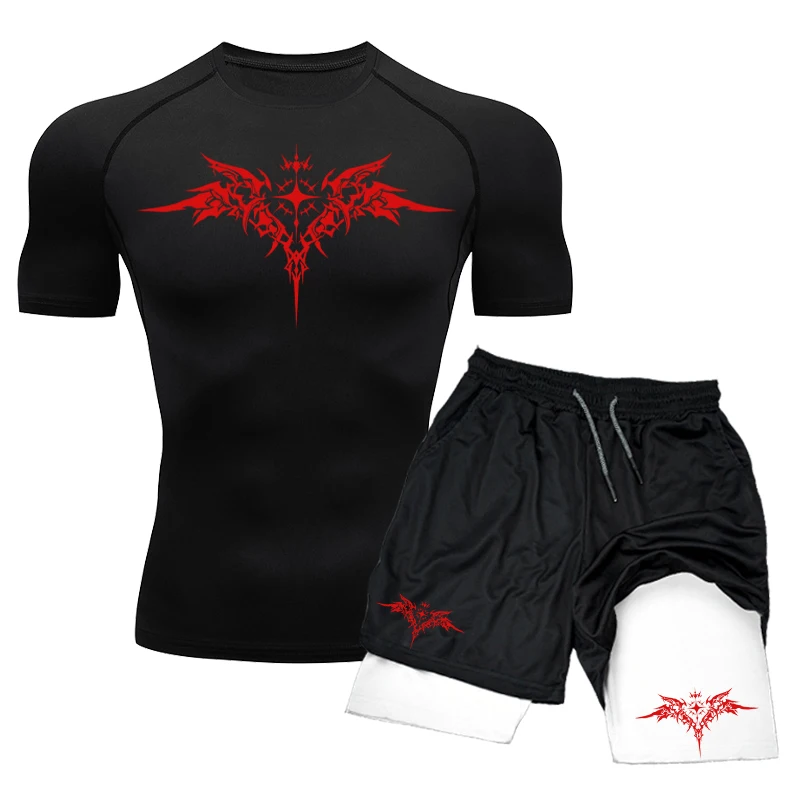 Men Compression Set Short Sleeve Gym Top+Workout Shorts Double Layer Quick Dry Gym Training Athletics Rashguard Shirt 2pcs Suit