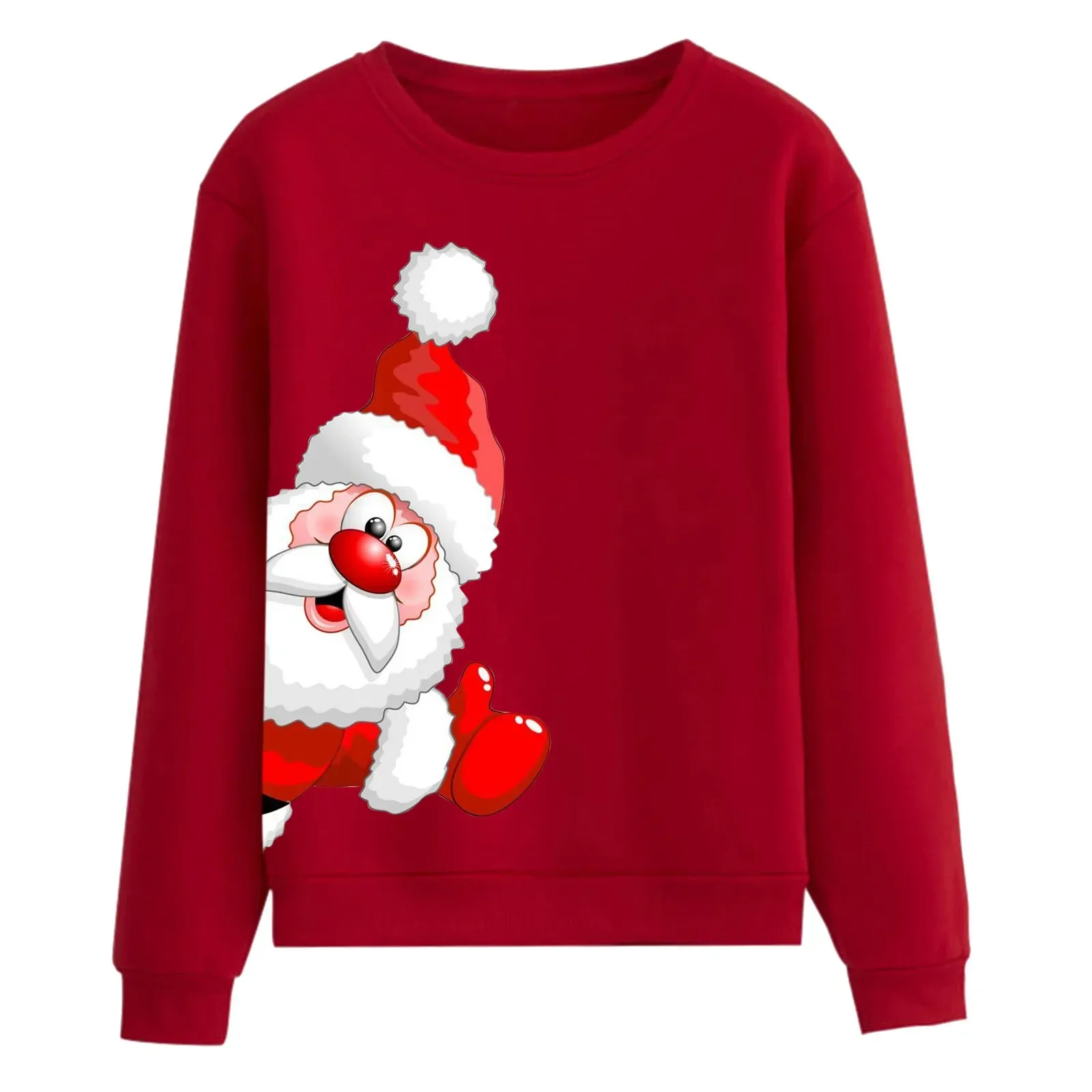 Cartoon Santa Claus Print Casual Seatshirts Solid Color Long Sleeve Round Neck Pullover Top Christmas Women Loose Casual Sweater