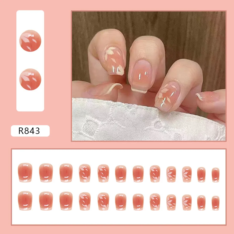 Unhas postiças para manicure francesa, flor de cerejeira, flores curtas, artificial, gradiente rosa, coreano, pressione as unhas, 24pcs