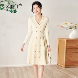 ZJYT Women's Double Breasted Buttons Knitting Sweater Dresses Long Sleeve Knitwears Elegant Spring Knit Dress Black Beige Robes