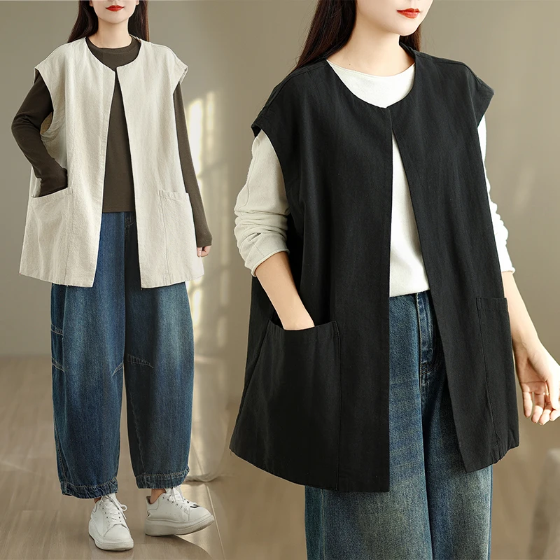 

Ретро-модный хлопковый жилет для женщин, верхняя одежда средней длины, многослойная одежда, универсальная осенняя новинка, повседневный стиль