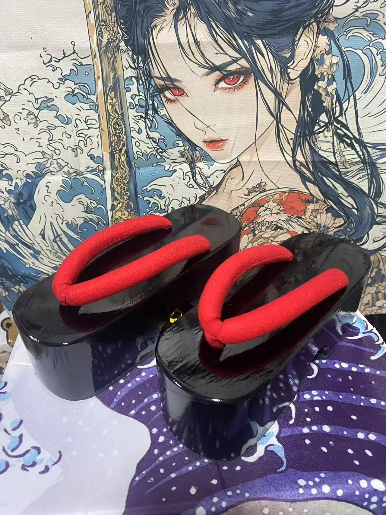 WHOHOLL Japanese Geta Sandals Women Queen Geisha Cosplay Costumes Comiket Small Bell Wooden Slippers Thick Bottom Clogs Shoes