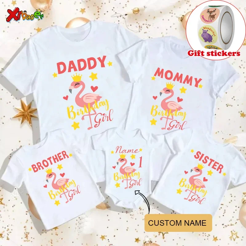 Flamingo T Shirt Kids Birthday Personalized Name TShirts Family Matching Outfits Boy Girl T-shirt Give Away Children's Stickers