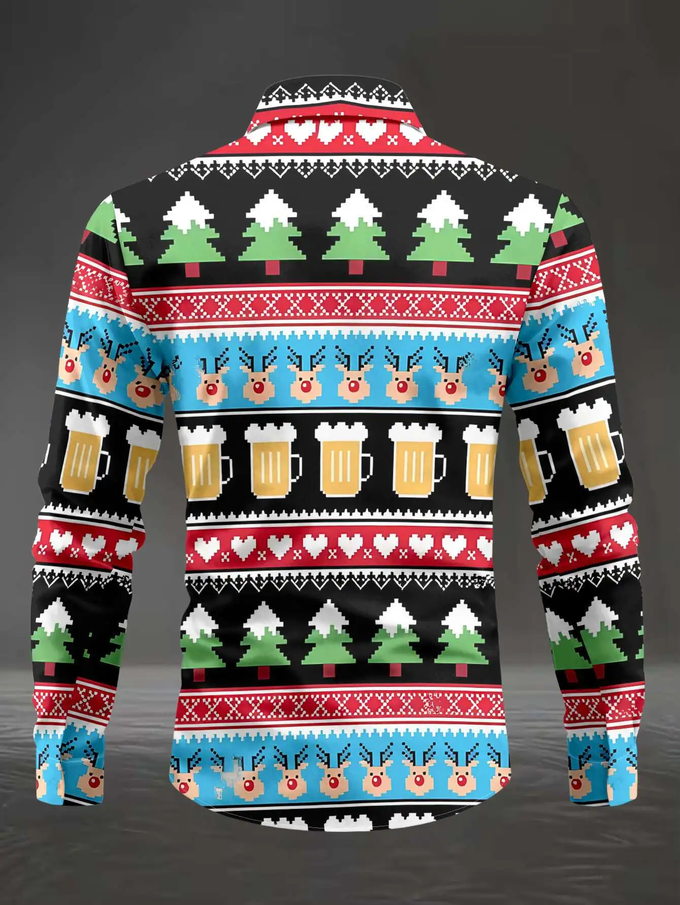 Mens Festive Xmas Printed Shirt Ugly Christmas Sweater Style Heart Pattern Long Sleeve Casual Blouse