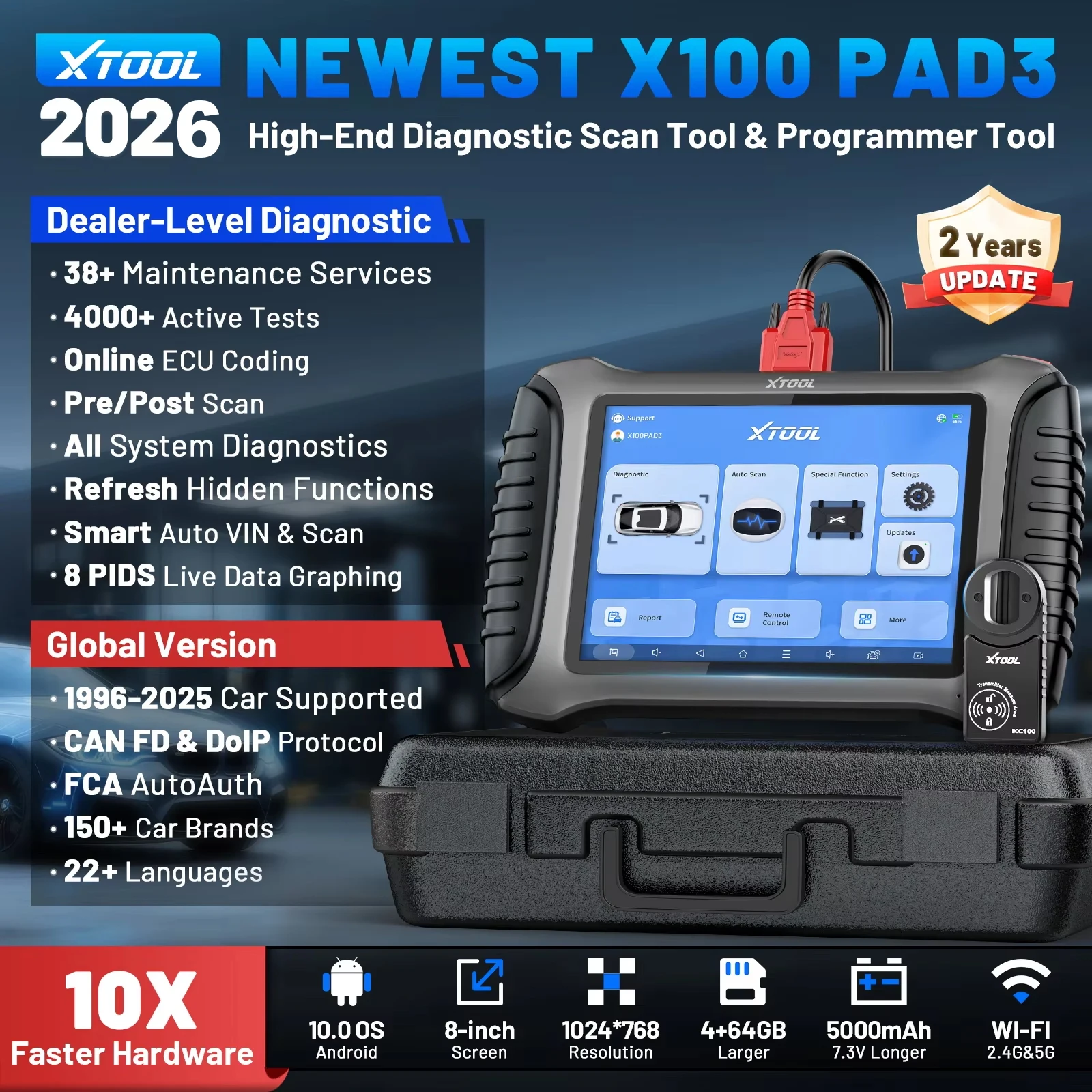 XTOOL X100PAD3 Программатор ключей, диагностический инструмент для автомобилей, поддержка FCA DOIP CANFD, кодирование ЭБУ, активные тесты, 38 функций сброса, диагностика всех систем, 2 года бесплатных обновлений