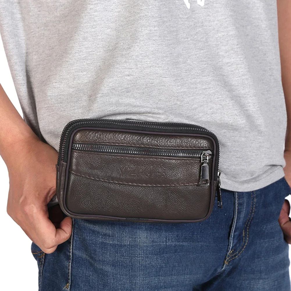 Mini Fashion Men Cowhide Leather Pure Color Clutch Waist Bag Wallets Purse Waist Pack Mini Belt Coin Purse Phone Bag