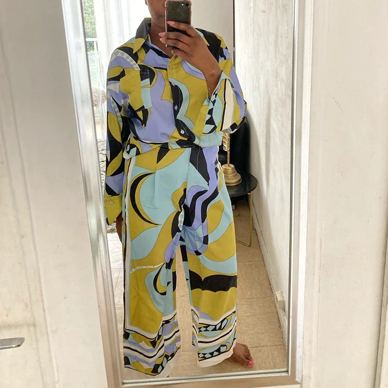Print Women\'s Pajama Set Oversize Green Ladies Summer Sleepwear Trouser Suit Long Sleeve Vintage Pijama Suit For Female 2024