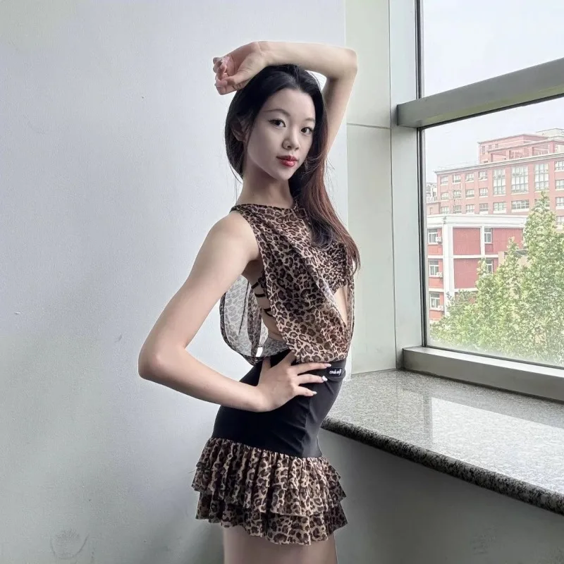 Customized Latin Dance Dress Practice Outfit Performance Suit Leopard Print Suspender Cover Up Half Skirt Samba Cha Cha Salsa