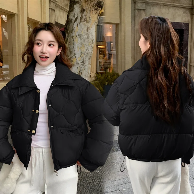 Colletto lavorato a maglia Rosa Piumino corto in cotone Cappotto invernale da donna Nuovo 2025 Giacca imbottita in cotone spesso Parka Capispalla femminile