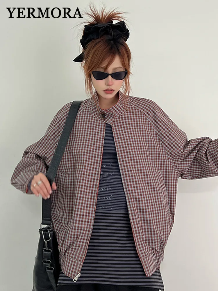 YERMORA Red Reversible Zipper Brief Casual Jacket For Women Lapel Long Sleeve Loose New Coat Fashion Tide Spring Autumn 2025