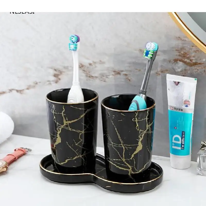 

Nordic Ceramic Bathroom Hotel Utensils Accessory Set Marble Home Couple Mouthwash Cup with Tray Ornaments Decorations